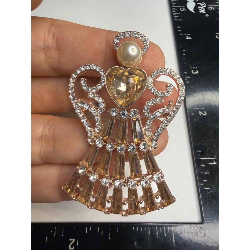 Champagne Rhinestone Angel Brooch Rose Gold Tone Faux Pearl Heart Crystal Pin